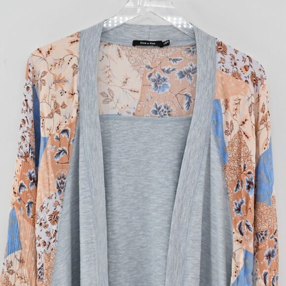 DOE AND‎ RAE Cardigan Womens Sz L Blue Floral Patchwork Dolman Sleeve Open Front - Picture 2 of 13